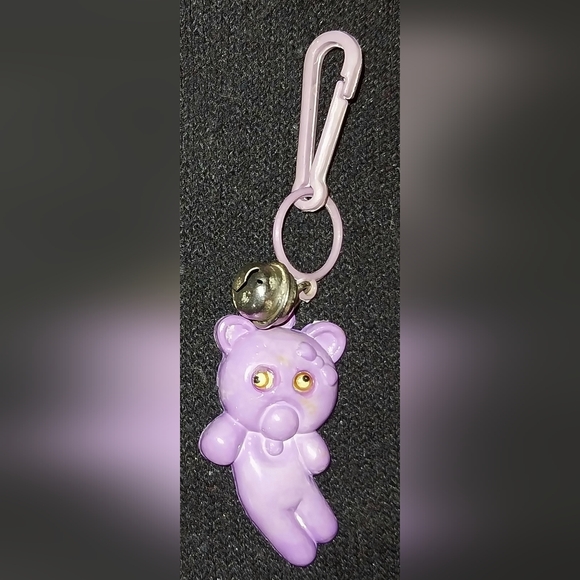 Vintage 1980s Keychain Plastic Necklace Purple Teddy Bear Charm w/ Bell - Picture 1 of 1
